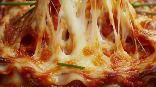 A close up of a cheesy lasagna with chives and a fork ready to take a bite from the delicious dish