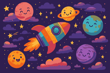 Fototapeta premium Cute astronauts, rockets, ufo, space satellites, planets and stars unlimited colorful doodle cartoon patterns