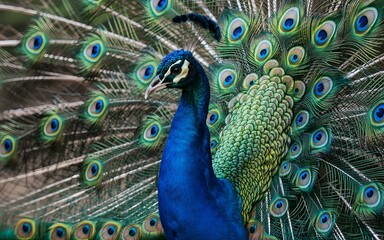 Obraz premium A stunning portrait of a peacock displaying its colorful blue-green tail feathers