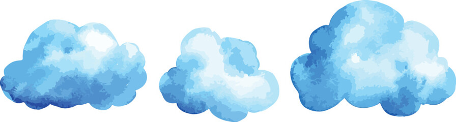 Three Watercolor Blue Clouds Isolated on White Background a simple illustration of weather elements for design projects perfect for kids illustrations and creative designs vector