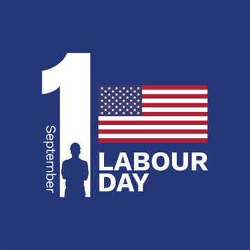 "Patriotic Labour Day graphic template with a bold '1 September', a worker silhouette, and the U.S. flag on a dark blue background, featuring white text 'LABOUR DAY'. Ideal for American Labor Day cele