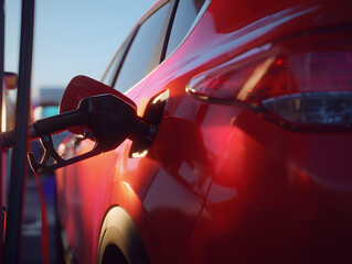 Photograph of a person fueling their red car at a gas station.