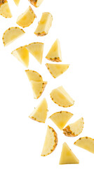 Naklejka premium Fresh pineapple slices arranged artistically, showcasing vibrant yellow color and unique texture, perfect for culinary presentations