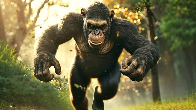 Large ape in motion through a forest