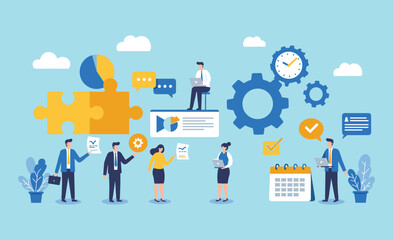 Strategic business development plan illustration, showcasing collaborative teamwork, problem-solving, efficient time management, data analysis   flat vector illustration