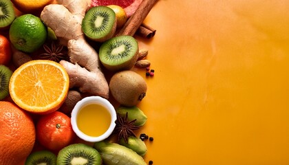 vibrant citrus fruits kiwi ginger spices healthy food background