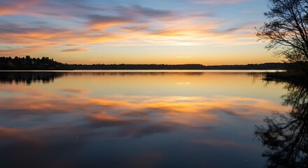 Serene Sunset Reflection on Calm Lake Water