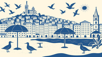 Marseille Charm: Vector art with iconic blue and cream line of the beautiful French city.Perfect for travel posters and french designs. Summer vibes