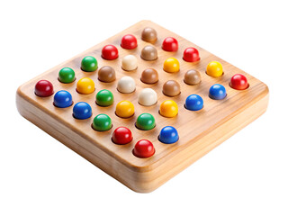Wooden Board Game for Children Featuring Colorful Balls in Red Green Yellow Blue and Beige Tones isolated on a transparent background