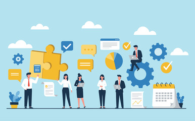 Dynamic business management illustration, featuring collaborative teamwork, efficient task organization, strategic problem-solving, data analysis, and successful project  flat vector illustration