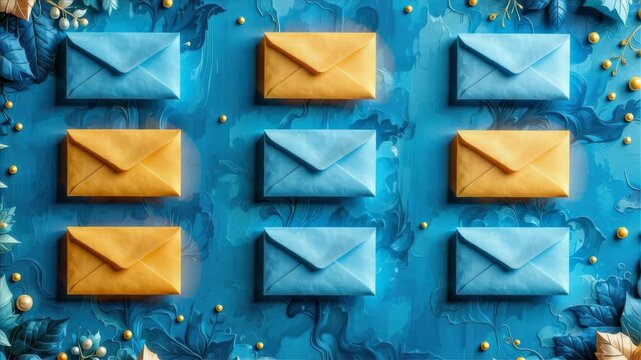 A grid of blue and yellow envelopes is arranged neatly on a decorative blue floral background.