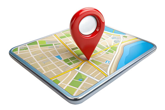 3 D Red Map Pin Pointer on Tablet Displaying City Map with Roads Streets Buildings and Water isolated on a transparent background
