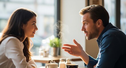 two friends having a deep conversation in a brightly lit cafe