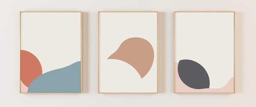 Set of three minimalist abstract wall art posters featuring trendy organic shapes in muted tones, illustration, picture