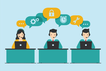 Customer support call center team illustration, demonstrating efficient problem-solving, secure communication, technical assistance, and reliable service  flat vector illustration