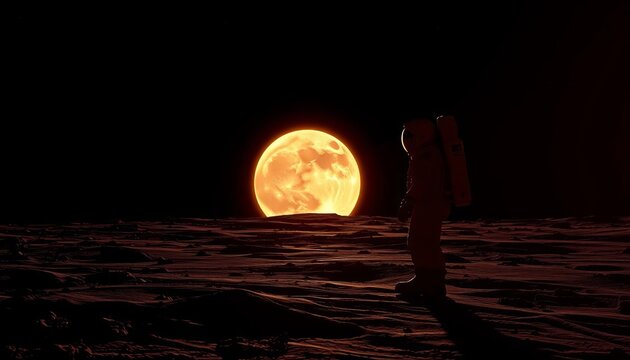 Silhouetted astronaut on lunar surface, Earthrise, glowing moon, night, image