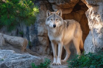 Wolf exploring rocky habitat during sunny day in natural environment
