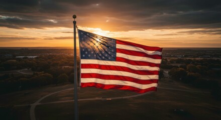 Majestic american flag waving in the sunset, embodying patriotism and freedom