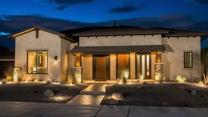 Exterior view of a modern home showcasing landscaping and illumination against a twilight backdrop.