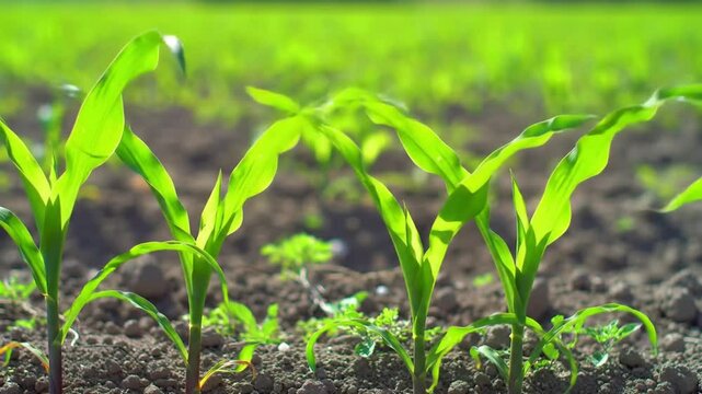 Close up of young corn plants growing in a field on a sunny day with a green background