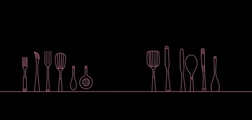 Sleek, continuous line drawing of kitchen utensils forming a horizontal divider, ideal for restaurant menus or recipe websites, graphic design, kitchenware