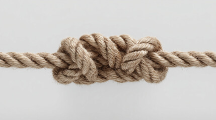 Minimalist Beige Twine Loop Knot Suspended Mid-Air. Stopper Knot Tied with Hemp Rope Isolated on White