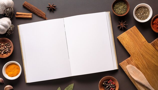 blank recipe book mockup with spices and wooden board flat lay