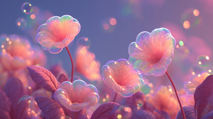 dreamy pastel fantasy bubble flowers in a fantasy garden — perfect for children’s book illustrations, greeting cards, or whimsical branding projects	
