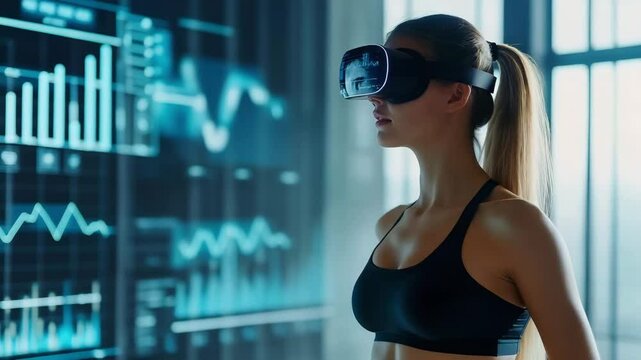Virtual reality fitness technology featuring woman wearing VR headset exercising and interacting with digital data charts futuristic gym environment