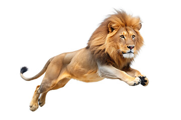 Obraz premium Majestic Male African Lion Leaping Mid Air Powerful Muscular Golden Mane Brown Fur Wild Cat Animal Wildlife Photography Ai isolated on a transparent background