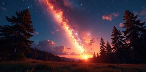 Brilliant fireball streaks past towering trees, illuminating a breathtaking star-filled sky , trees, astronomy, fire