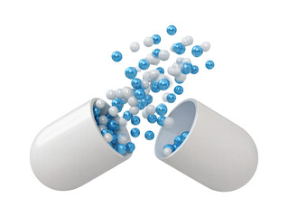 Flying falling open capsule with blue and white granules isolated on transparent or white background, png