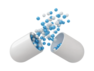 Flying falling open capsule with blue and white granules isolated on transparent or white background, png