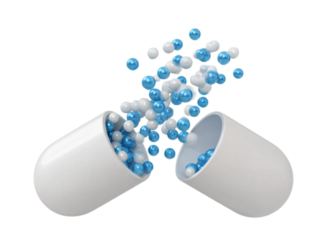 Flying falling open capsule with blue and white granules isolated on transparent or white background, png