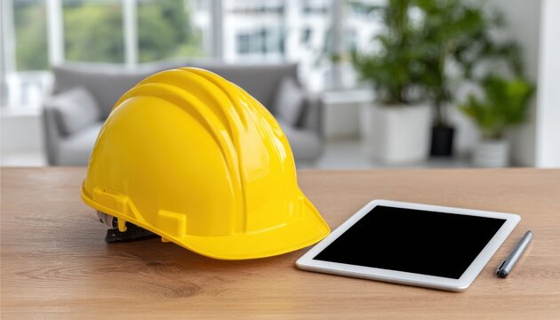 Yellow construction helmet and tablet on desk