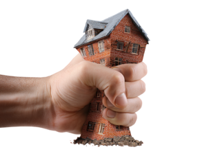Human hand squeezing brick house isolated on transparent or white background, png