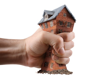 Human hand squeezing brick house isolated on transparent or white background, png