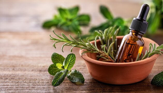 aromatic rosemary mint essential oil in terracotta bowl natural herbal remedy concept - Powered by Adobe