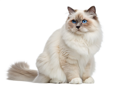A fluffy ragdoll cat and kitten are isolated on transparent background