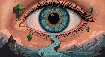 Surreal Digital Eye Landscape with Woman and Boats