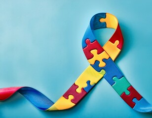 colorful autism ribbon made from puzzle pieces on light blue background symbol of april awareness month banner copy space