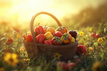 A wicker basket brimming with colorful bell peppers sits in a sun-drenched field.