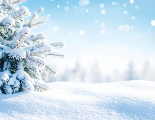 Winter background with snow-covered pine trees and soft snowflakes falling