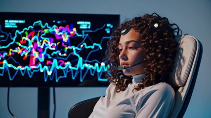 Cyber interface monitors brainwaves of female subject. Research explores connection between AI and brain. Female scientist linked to digital system. Cyber visuals reflect future intelligence study. - Powered by Adobe