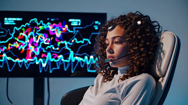 Cyber interface monitors brainwaves of female subject. Research explores connection between AI and brain. Female scientist linked to digital system. Cyber visuals reflect future intelligence study.