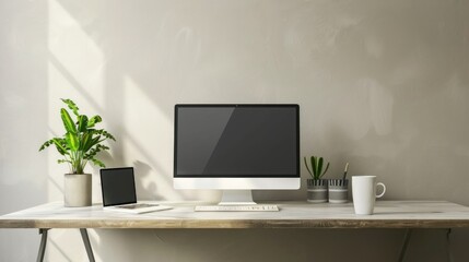 Minimalist modern office desk with computer and plant stock photo --ar 16:9 --raw --v 6 Job ID: 314aad66-fa20-422e-b3d9-4d69bdbcfb82