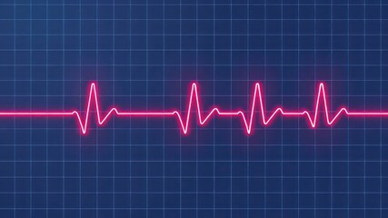 Bright Red Heartbeat Line on Blue Grid Background, Illustrating Health, Vitality, and Scientific Monitoring
