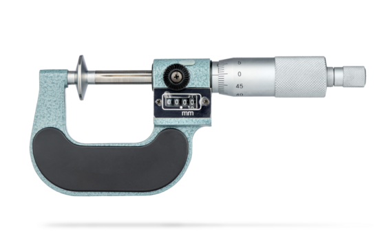 Micrometer measuring tool on transparent background. High precision instrument with clear scale and textured handle. Used in engineering, metalworking and manufacturing fields.