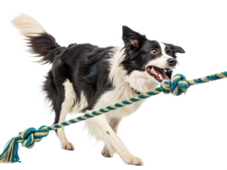 A border collie dog playfully pulls on a teal rope toy isolated on transparent background