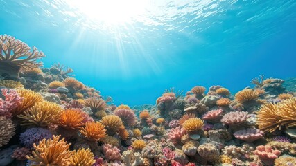 Fototapeta premium Underwater paradise displaying sunlight filtering through blue water onto thriving multicolored coral reefs.